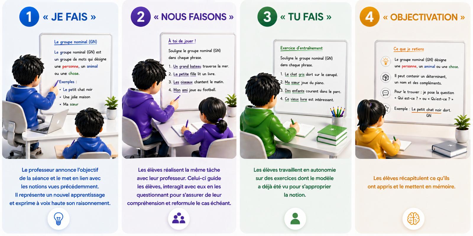 Les 4 étapes de la méthode explicite : Je fais, Nous faisons, Tu fais, Objectivation